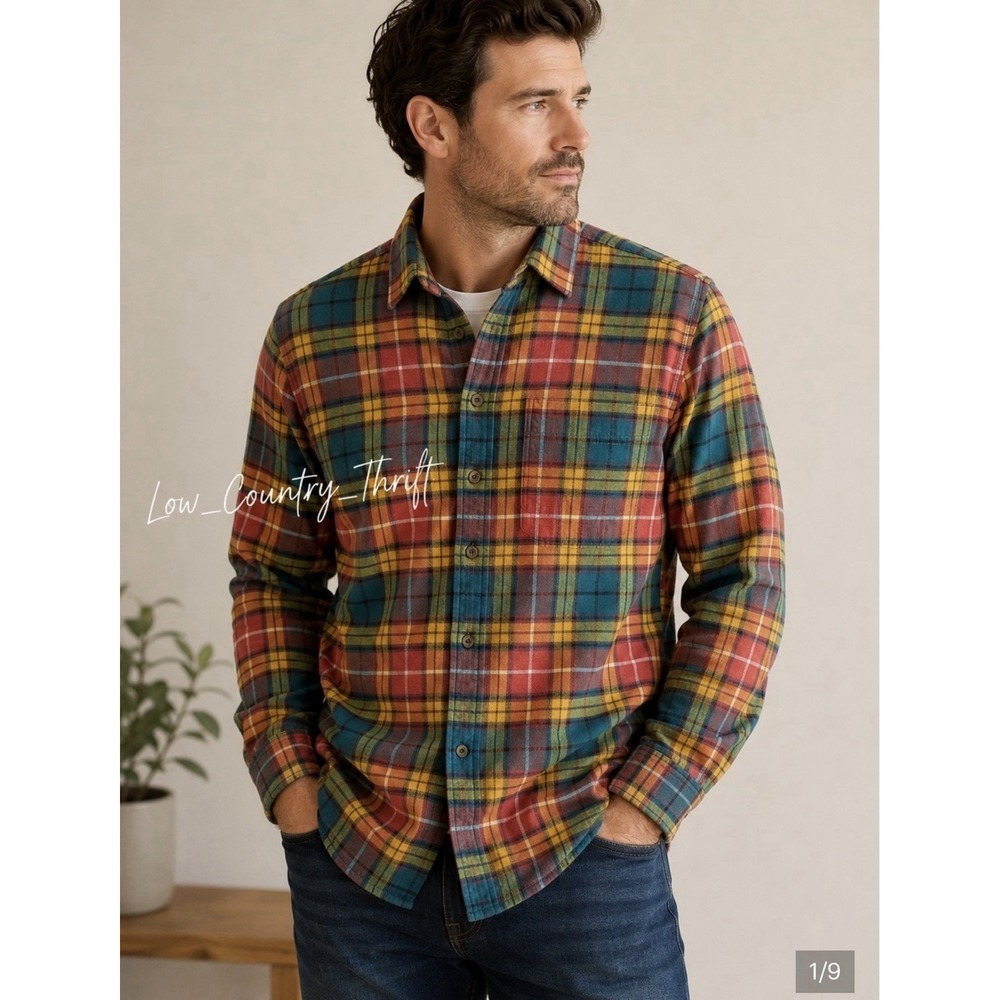 New J.Crew Mid-Weight Flannel Vibrant Orange Green Yellow Plaid Large